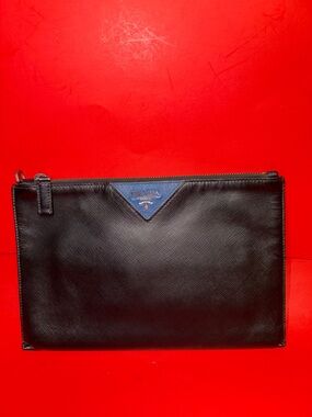 Prada Black Leather Pouch with Blue Logo Tab